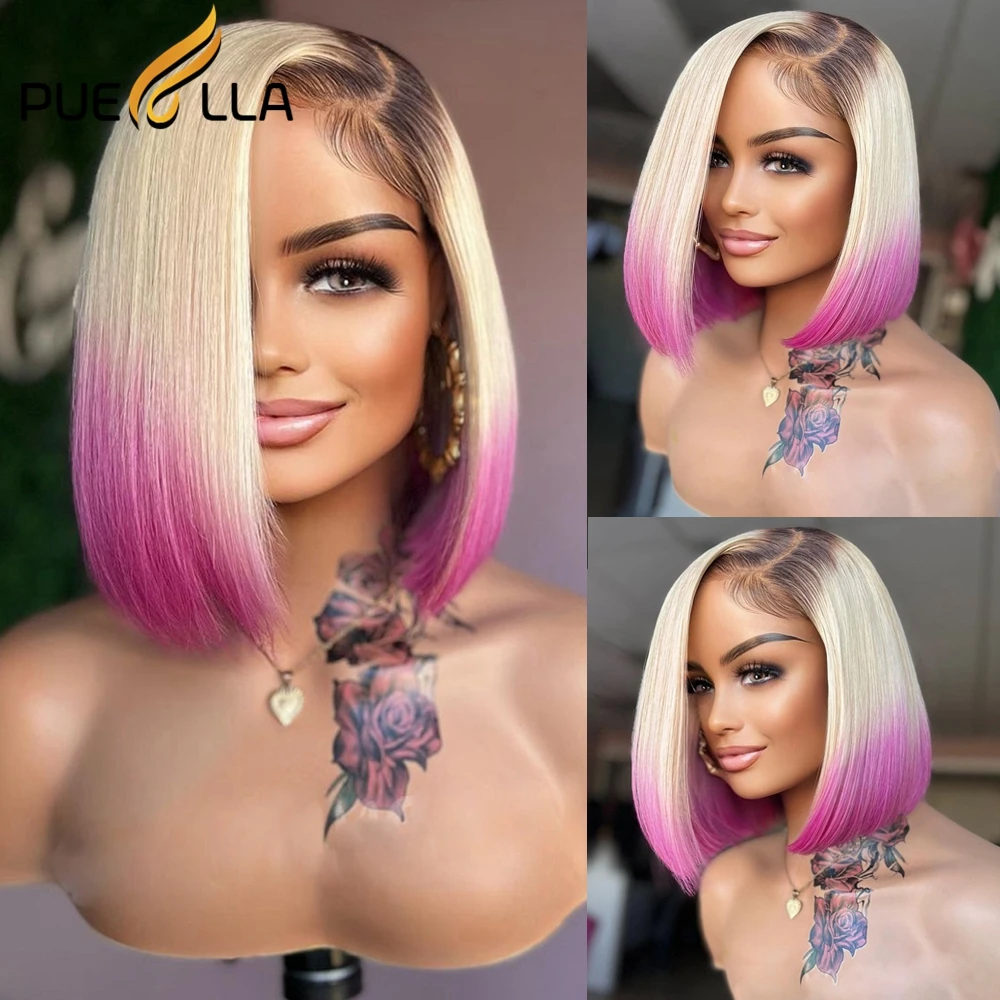 

Ombre Honey Blonde Colored Short Bob 13x4 Lace Front Wig Remy Human Hair Transparent Pink 613 HD Lace Frontal Pixie Cut Wigs