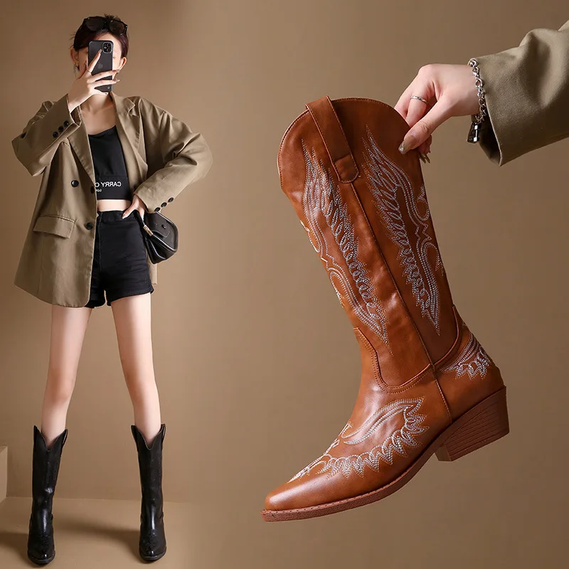 

Vintage Chinese Style Mid Barrel Knight Boots 2023 New Thick Heeled Pointed Sleeve Fashion Boots for Foreign Trade