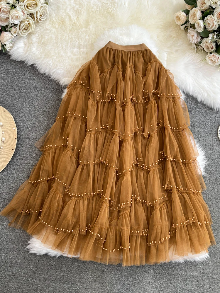 

MSHARBOR Solid Color Fashion High-Waisted Women'S Skirt Multi-Layer Gauze Cake Skirt Beach Holidays Fairy Pommel Skirt For Lady