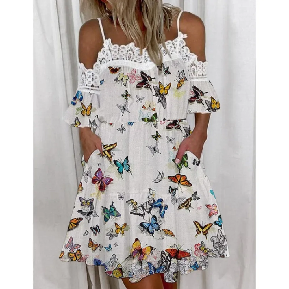 Fashionable Women's Short Print Ruffle Pocket Lace Strap Dress Loose Off The Shoulder Pullover Mini Dresses
Fashionable Women's Short Print Ruffle Pocket Lace Strap Dress Loose Off The Shoulder Pullover Mini Dresses