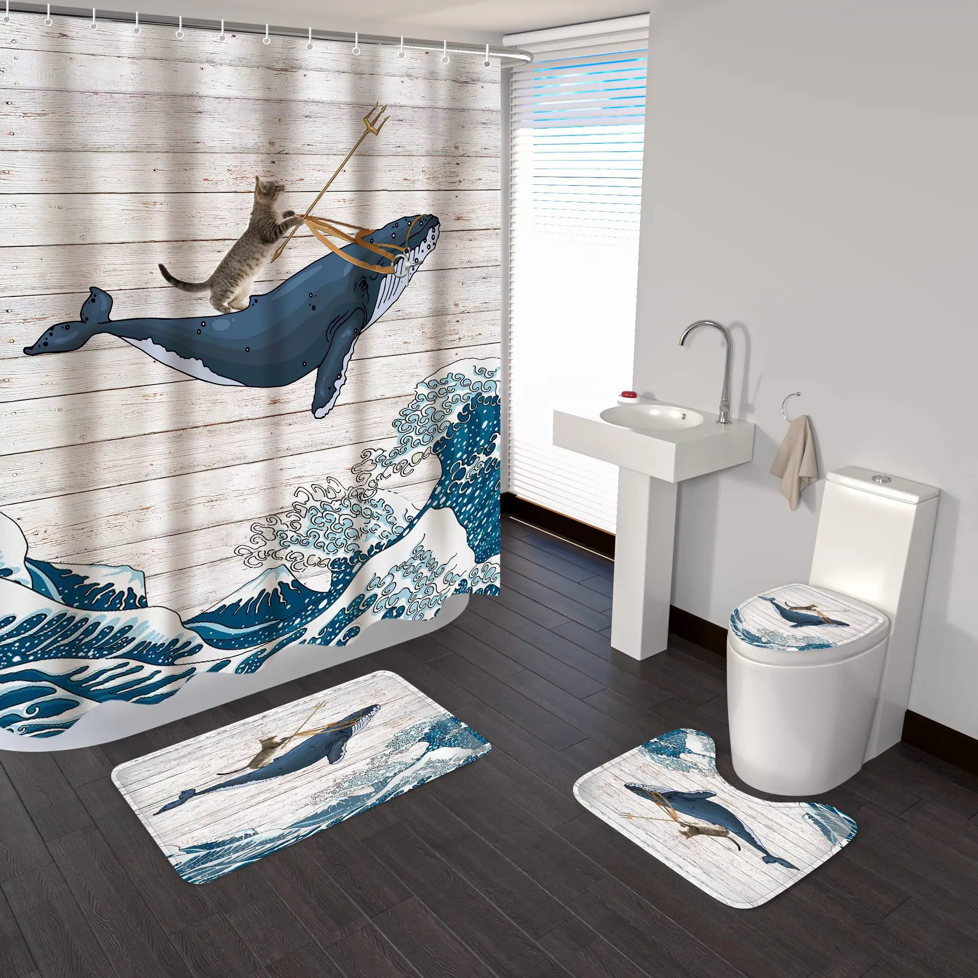 Cat Riding Whale In Ocean Wave Shower Curtain Set for Bathroom with Non-Slip Rugs,Toilet Lid Cover,U Shape Mat,Bathroom Decor 
Cat Riding Whale In Ocean Wave Shower Curtain Set for Bathroom with Non-Slip Rugs,Toilet Lid Cover,U Shape Mat,Bathroom Decor