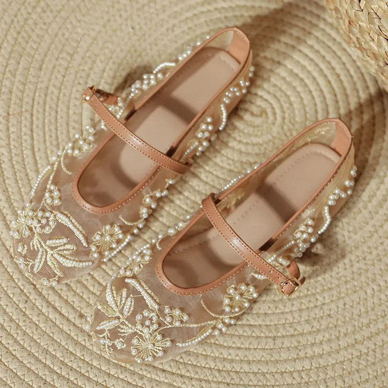 Summer White Pearl Decoration Mesh Embroidery Ballet Flats Women Elegant String Bead Flat Sandals Light Mary Jane Designer Shoes 35 Sea33a97fadb344d29a6c61910d926745r