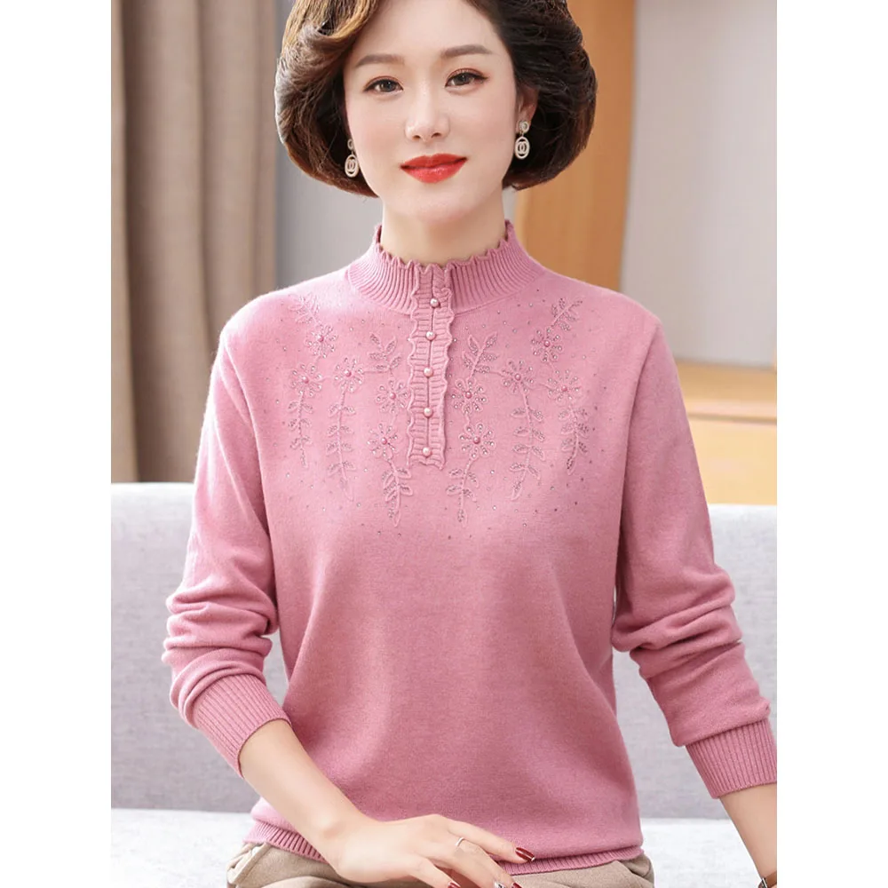 

Middle Aged Mother Half Turtleneck Sweater Fashion Autumn Winter Thicken Pullover Female Knitted Sweater Bottoming Shirt 4XL