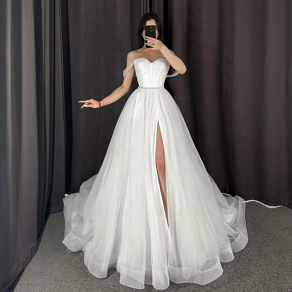 

Tulle Ivory Wedding Dresses Sweetheart Beading Long Bride Dress Lace Up Sweep Train A-Line Dress For Women 2023 Robe De Mariee