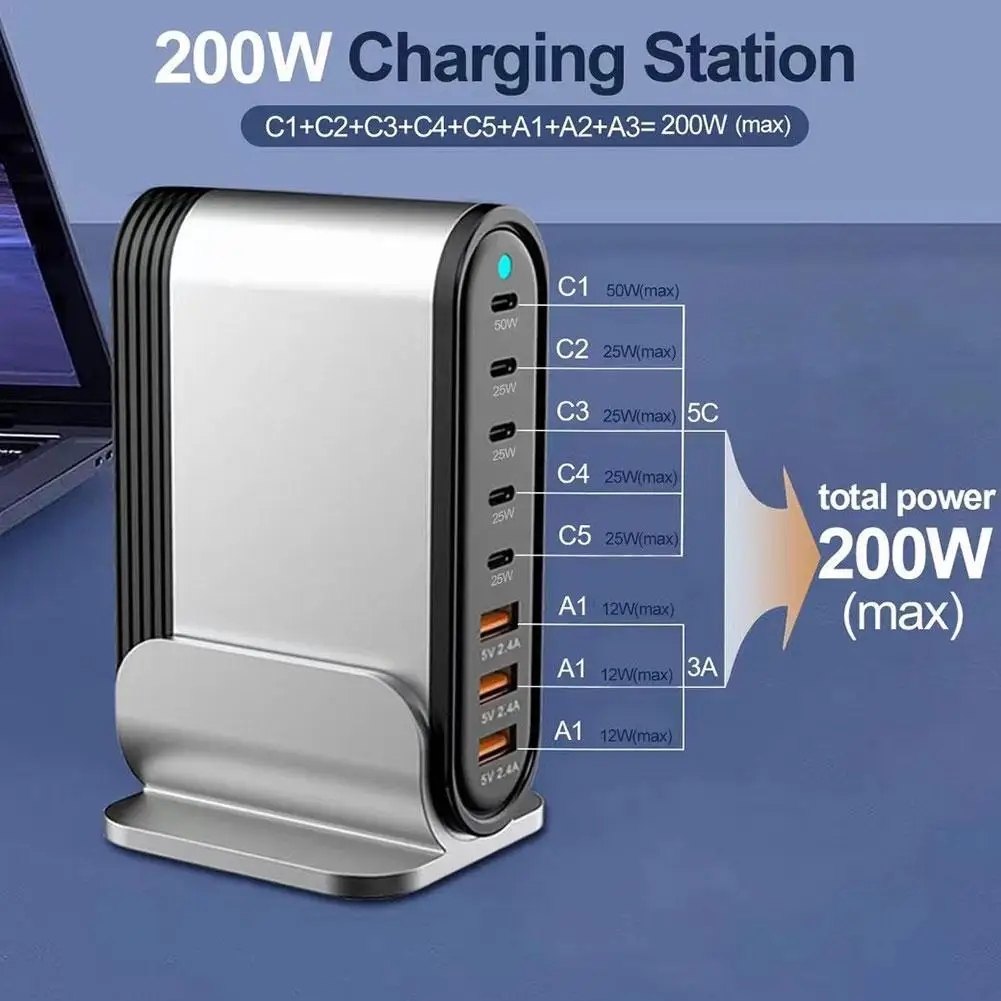200W PD Charge Station 3A5C Aluminum Alloy Desktop Stand Adapter Multifunctional Charger Quick Charge For MacBook Laptop Phone
200W PD Charge Station 3A5C Aluminum Alloy Desktop Stand Adapter Multifunctional Charger Quick Charge For MacBook Laptop Phone