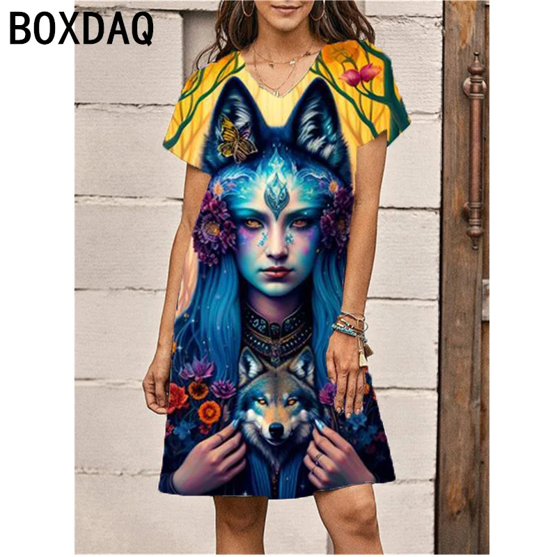 

Women Summer Short Sleeve V-Neck Casual Dress 3D Cool Girl Printed A-Line Dress Plus Size 6XL Female Personalized Dress