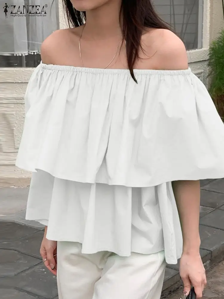 

ZANZEA Layered Ruffles Fashion Blouses Women Summer Shirts Off Shoulder Korean Style Blusas Short Sleeve Chic Plain Tunic Tops