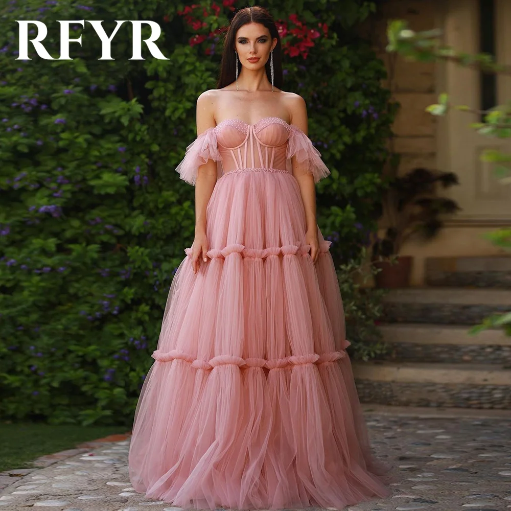 

RFYR Pink Evening Dresses Elegant Off The Shoulder Tiered Tulle Long Vestidos De Noche Princess Sweetheart A-line Prom Dress