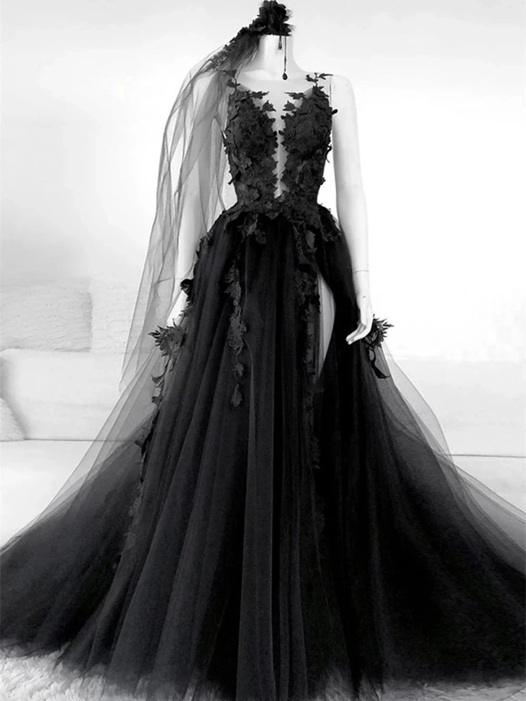 Gothic Black Wedding Dress Backless High Side Slit A Line Bridal Gown Lace Sleeveless Wedding Dress
Gothic Black Wedding Dress Backless High Side Slit A Line Bridal Gown Lace Sleeveless Wedding Dress
