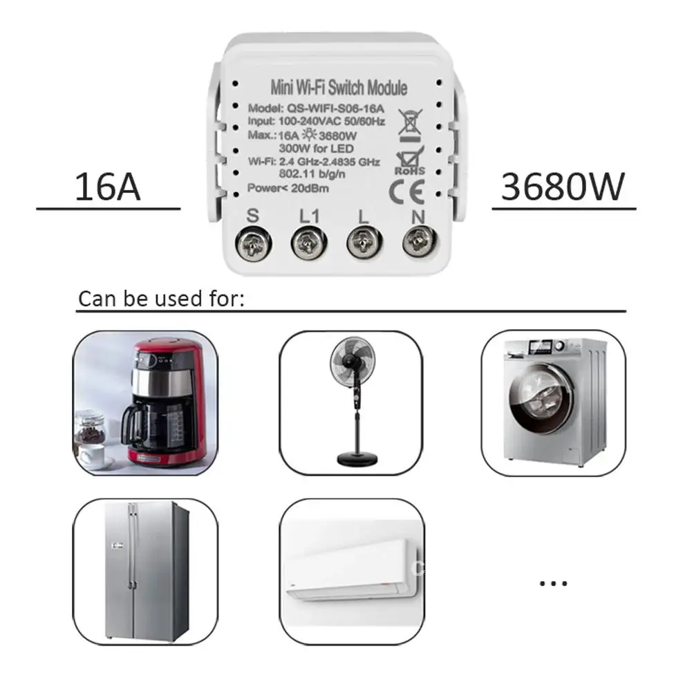 

WiFi Tuya QS-WIFI-S06-16A 100~250V 1Gang Switch Module Home Light Electrical Converted Modification DIY Module APP/Voice Control