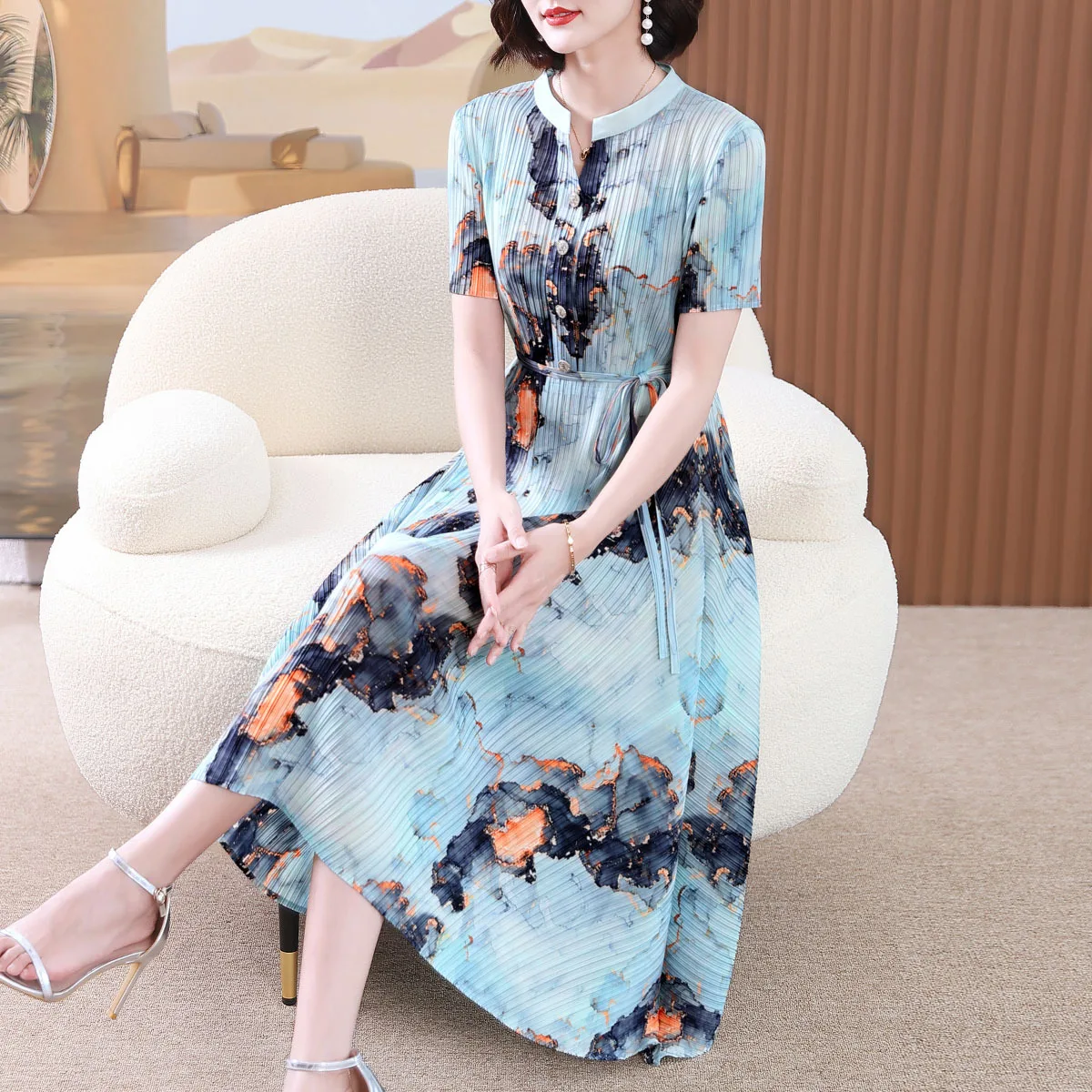 

Miyake Style Pleated French Niche Western-Style Printed Women's Dress Stand collar Long Slim Dress 2024 Summer New Style Dresses