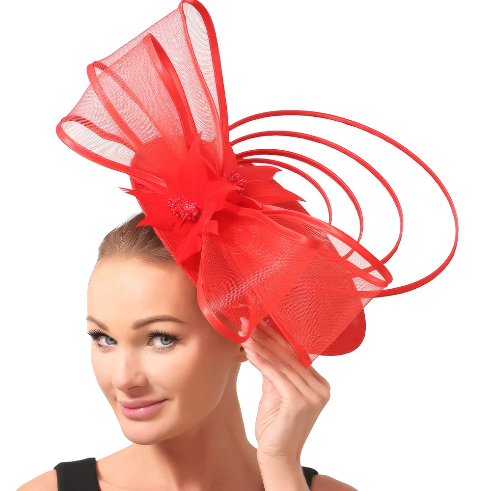

New Fashion Big Derby Cocktail Red Fascinators Hats Wedding Chapeau Caps Headwear Elegant Women Ladies Female Hair Accessories