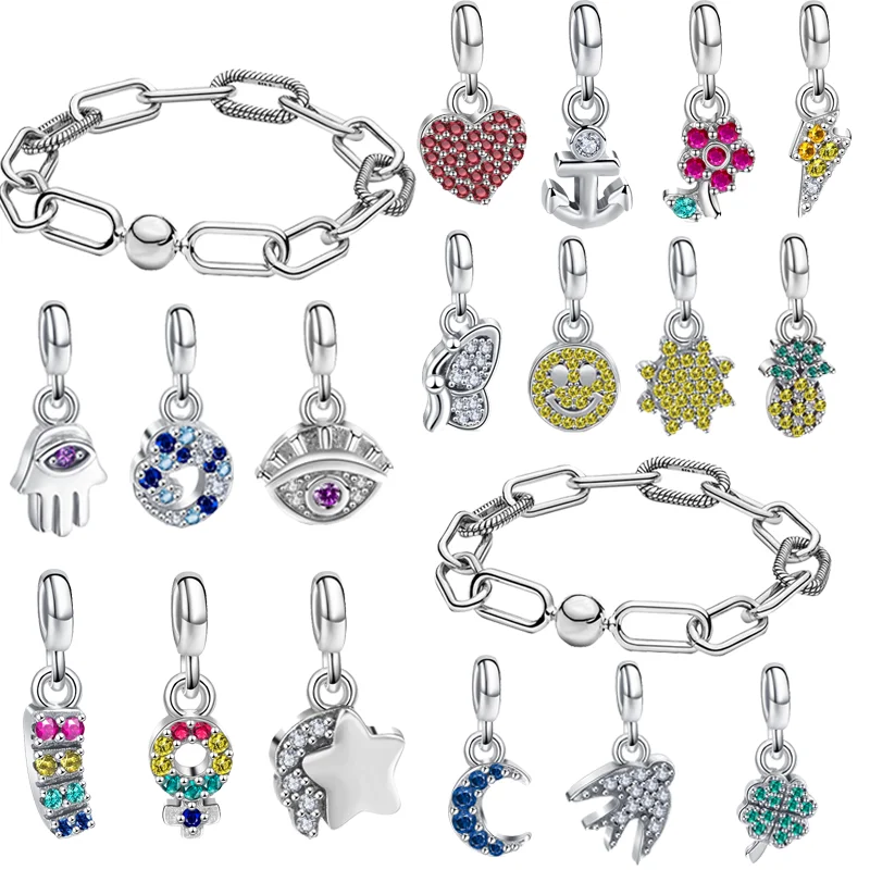 

Hot Sale Mini Charm 925 Silver ME Link Chain Four Leaf Clover Flower Heart Dangle Beads Fit Original Pandora ME Bracelet Jewelry