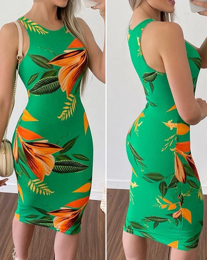 

Women's Dress 2024 Spring/summer Latest Solid Color O-Neck Tropical Leaves Print Sleeveless Bodycon Skinny Vacation Midi Skirt