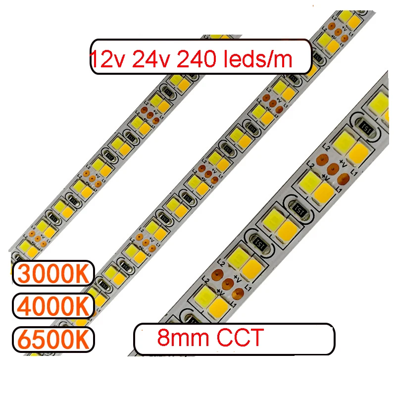 

5m 12v Double Row CCT LED Strip 240 leds/m 20w/m Warm White+White 3000k 4000k 6000k 6500k Three Color Temperature Adjust 8mm