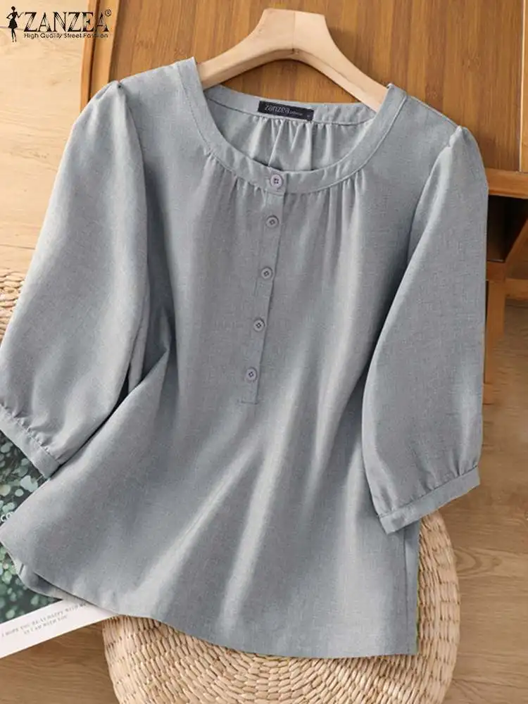 

ZANZEA Women 2023 Summer Solid Color Shirts Fashion Round Neck Blouse Casual Loose Puff Half Sleeve Tunic Buttons Pleating Blusa