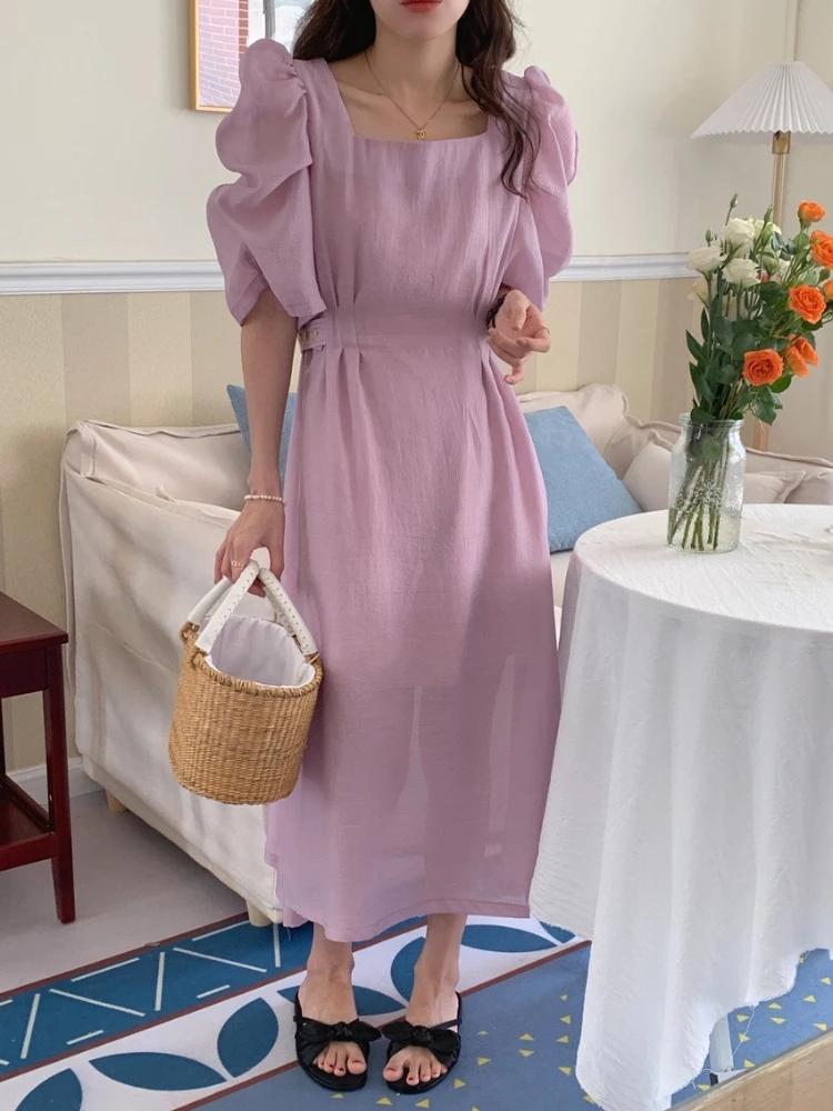 

Real Shot 2022 Summer New French Gentle Square Neck Puff Sleeve Waist Side Waist Button Dress bodycon dress dress for women