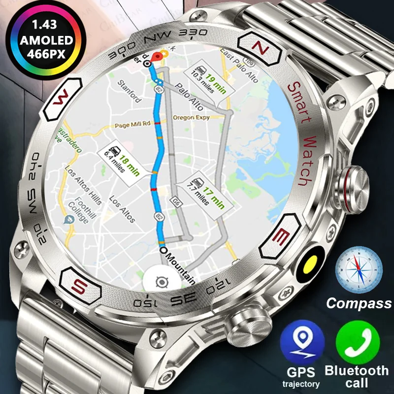 

Смарт-часы AMOLED, 1,43 дюйма, Bluetooth, 466PX, HD экран, отображение времени, GPS, фитнес-трек, водонепроницаемые до 5 атм