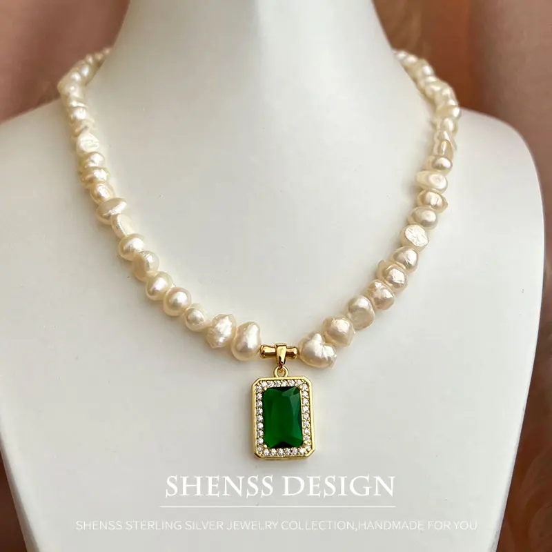 

Ожерелье с подвеской из натурального жемчуга в стиле барокко с зеленым цирконием женское ювелирное изделие с медным покрытием аксессуары из 14-каратного золота