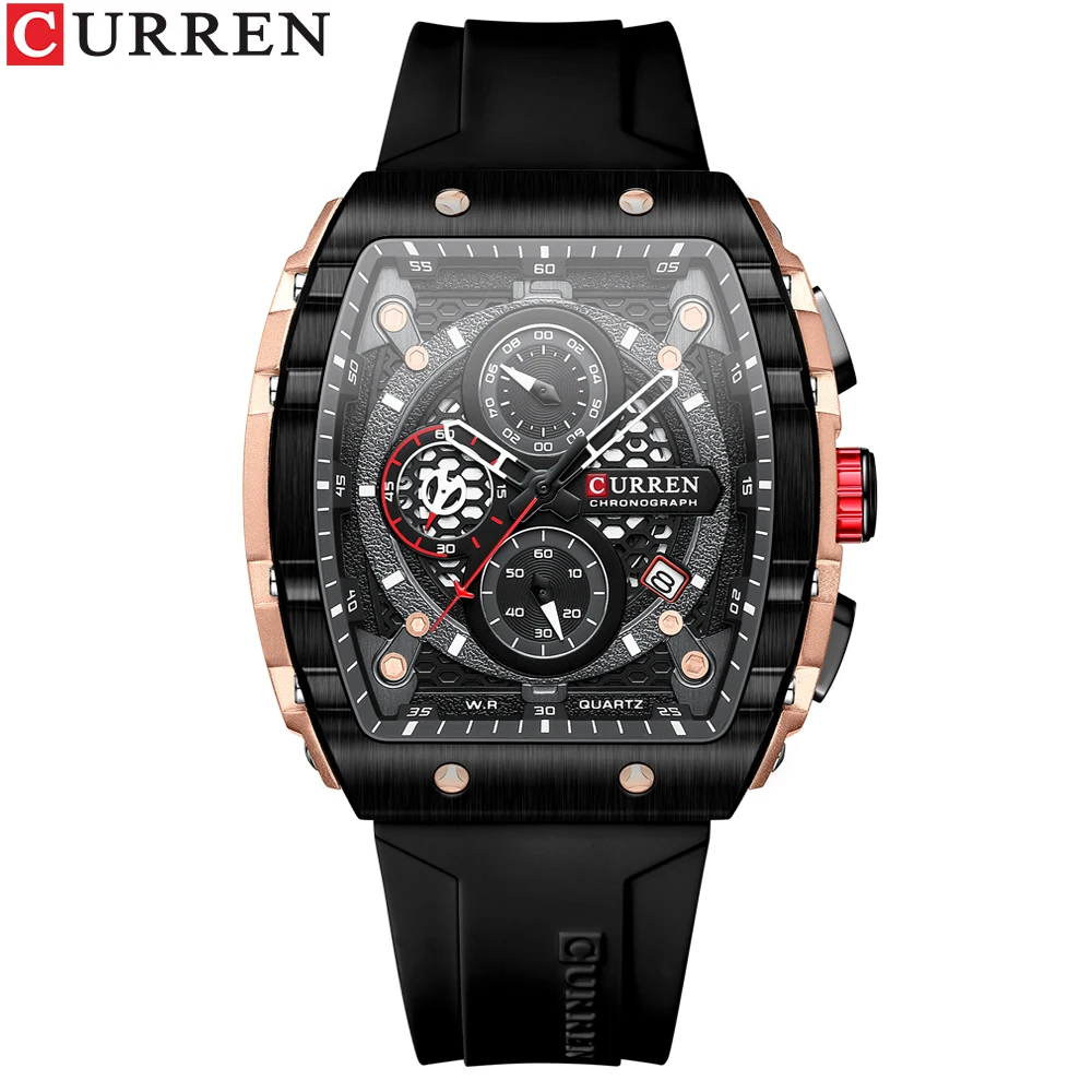 

Fashon Curren Top Brand New Rectangular Hollow Design Quartz Chrongraph And Auto Date Sports Silicone Strap Wrist Watches