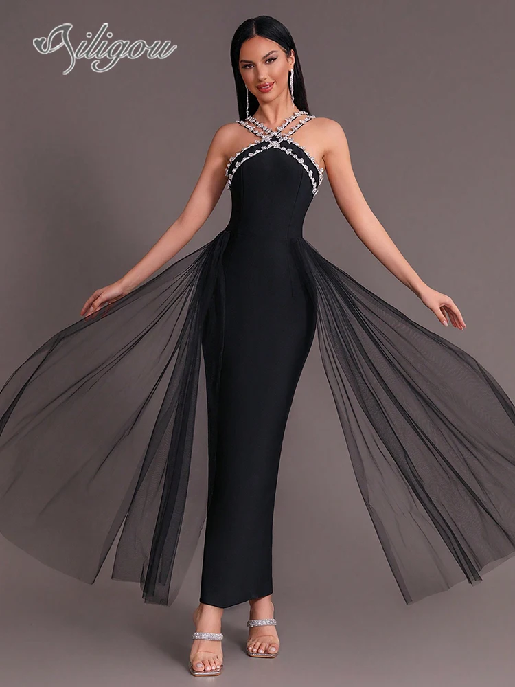

Ailigou 2024 New Summer Women's Luxury Diamond Design Details Sleeveless Tight Long Bandage Dress Elegant Celebrity Party Dress