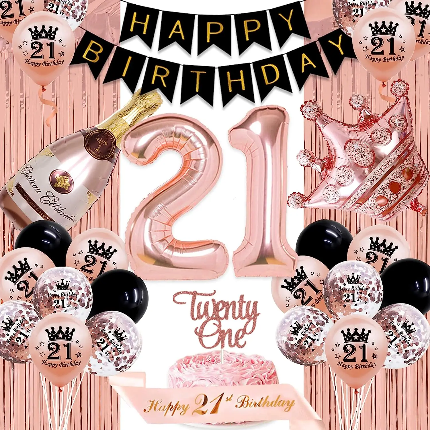 Happy Birthday Party Decorations for Her, Black, Rose, Gold, Sash Banner, Champagne, Confetti, Balloons, Twenty One 
Happy Birthday Party Decorations for Her, Black, Rose, Gold, Sash Banner, Champagne, Confetti, Balloons, Twenty One