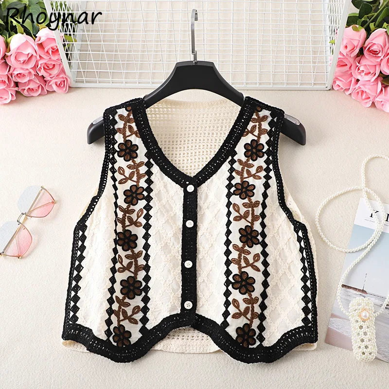 

V-neck Vests Women Spring Single Breasted Hollow Out Design Floral Rhombus Lattice Pattern Retro Fashion All-match Leisure Cozy