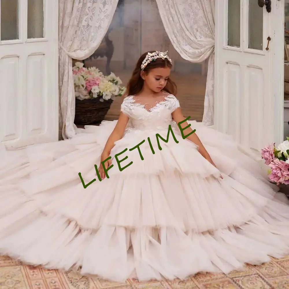 

Elegant Girls Flower Girl Dresses Tiered Ruffles Pageant First Communion Dress Kids Sequined Lace Wedding Party Gowns