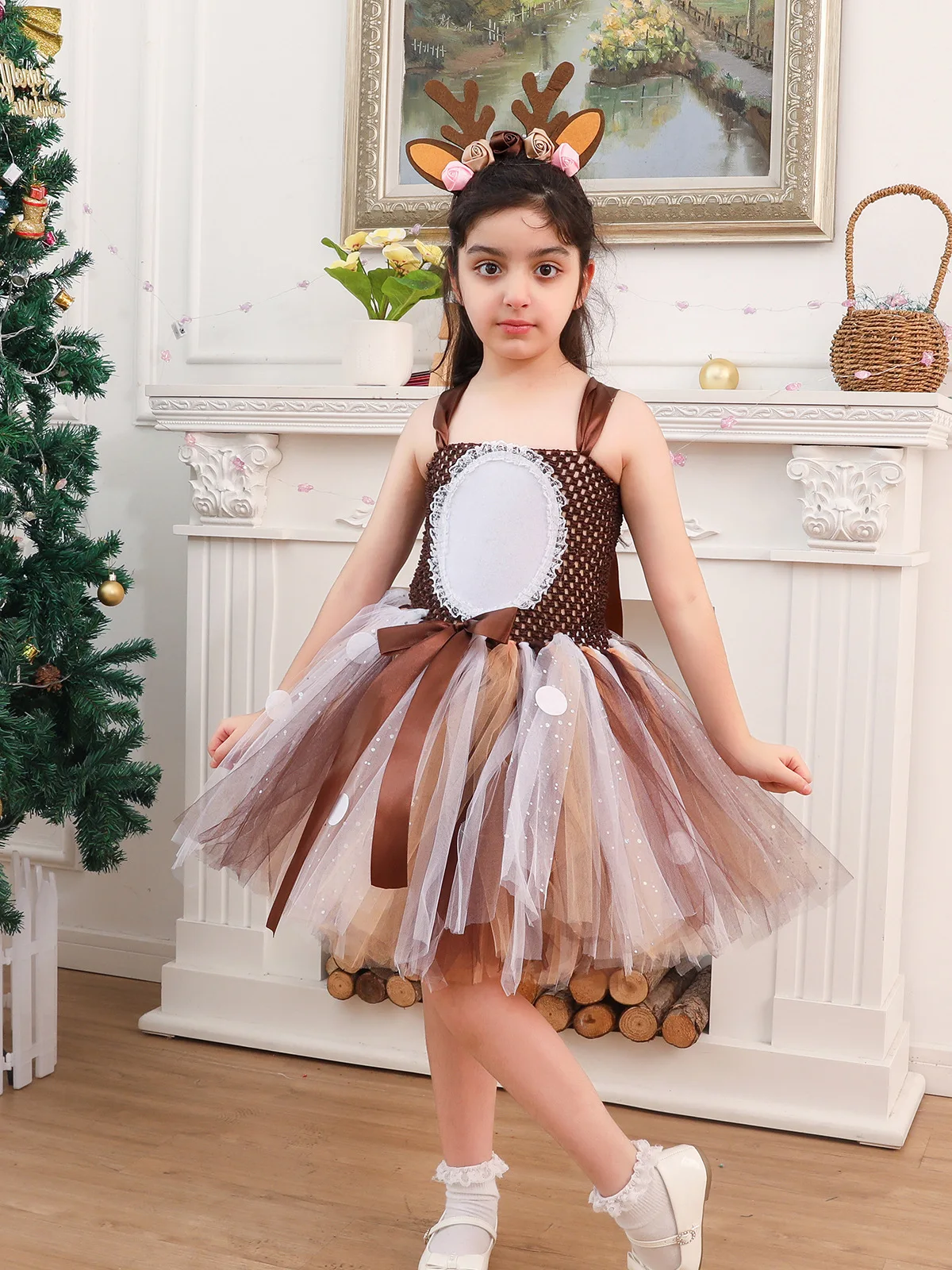 

Flowers Deer Costume for Girls Reindeer Christmas Tutu Dress Kids Halloween Costumes Baby Girl Clothes Children Birthday Outfits