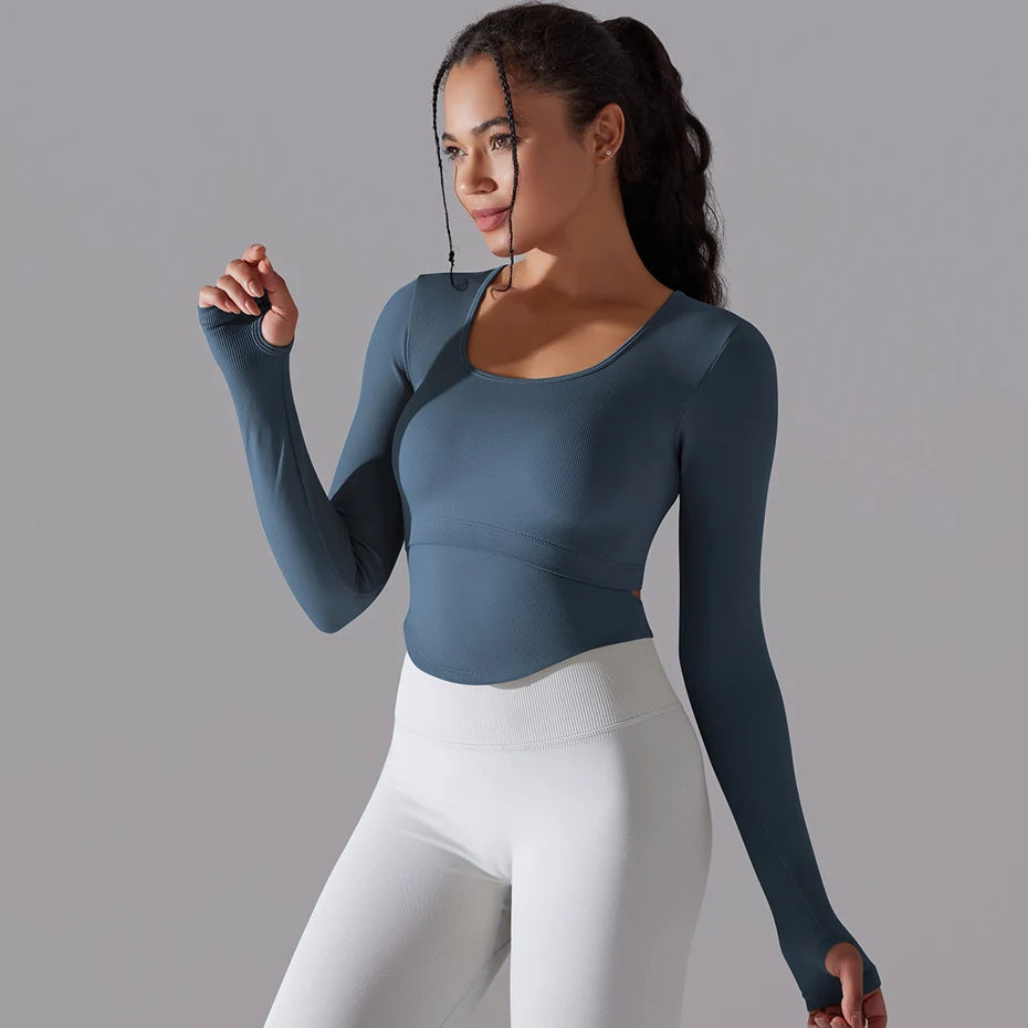 

Women's Long Sleeve Top Ribbed Yoga Shirts Running T-Shirt Workout Running Fitness Gym Sports Top Thumb Hole Training Crop Top