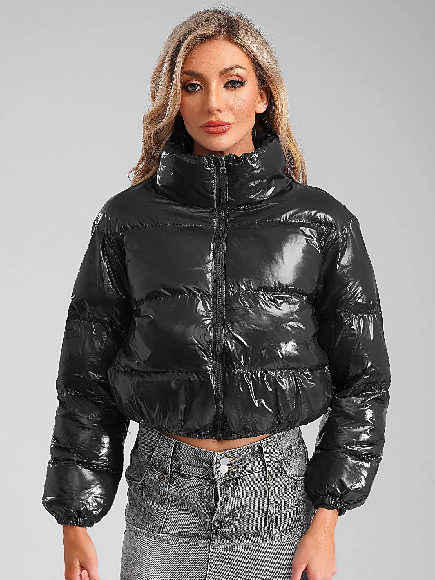 Women's Metallic Glossy Puffy Padded Jacket Quilted Outerwear Coat with Zipper Winter Stand Collar Outdoor Streetwear Women's Metallic Glossy Puffy Padded Jacket Quilted Outerwear Coat with Zipper Winter Stand Collar Outdoor Streetwear