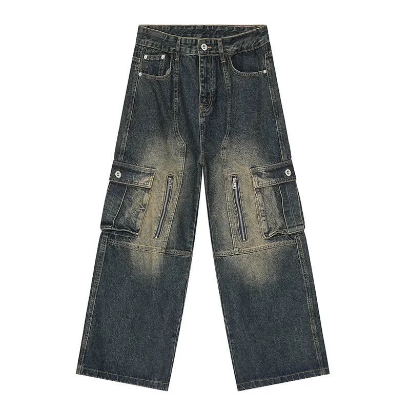 

Джинсы Hi Street мужские с множеством карманов, винтажные брюки-карго в стиле хип-хоп, свободные штаны из денима в стиле пэчворк