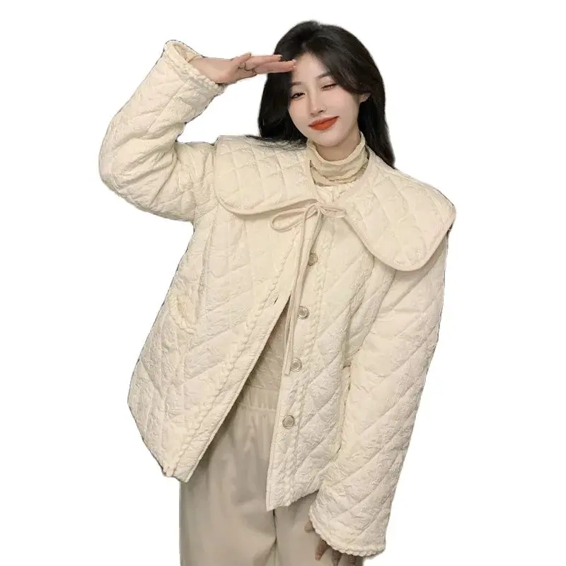 

Модное зимнее пальто для девочек в японском стиле 2023, толстые теплые женские пальто с хлопковой подкладкой, с длинным рукавом и воротником «Питер Пэн»
