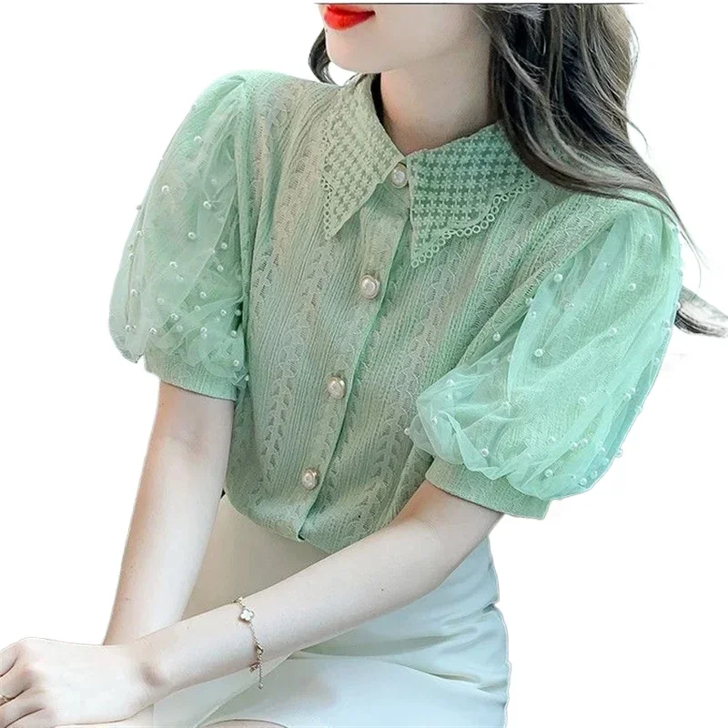

Mesh chiffon shirt women's summer 2024 new fashion sweet doll collar hollow bubble short sleeve lace top