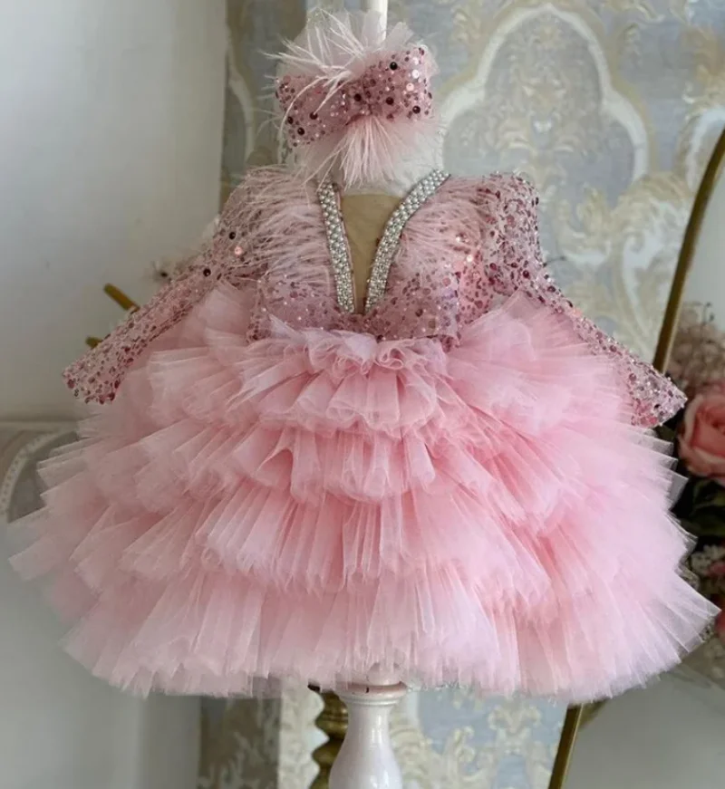 

New Glitter Baby Girls Dress for Birthday Tiered Tulle Ruffle Party Gown Tutu Kids Ceremony Vestido Clothing