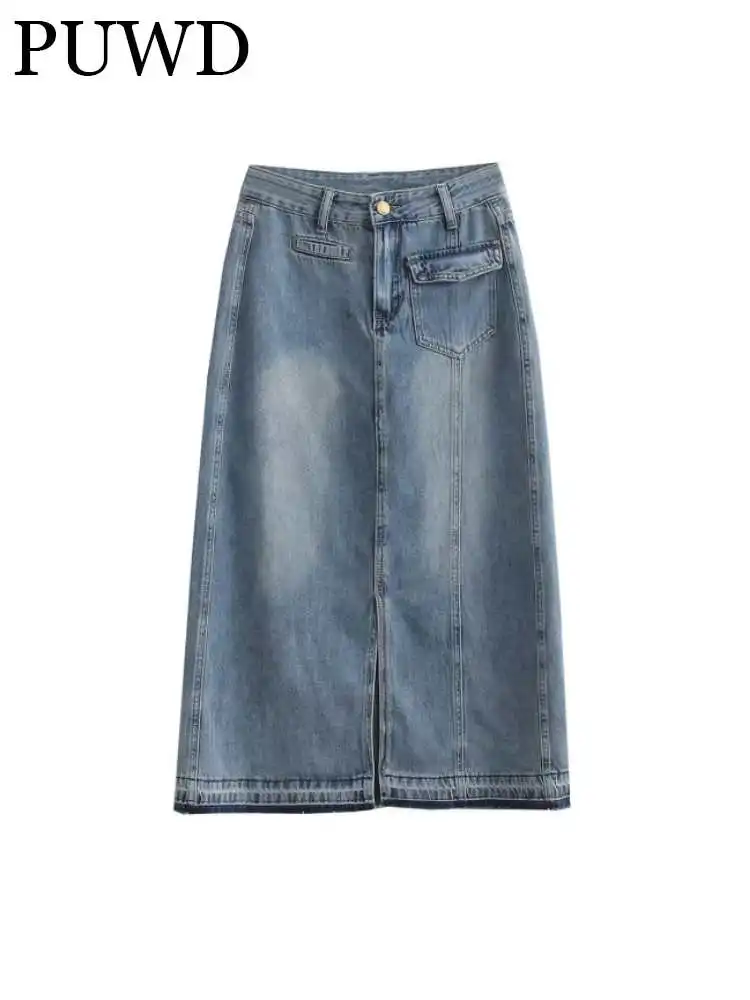 

PUWD Women Fashion Blue Denim Loose Tooling Slit Skirts 2023 Summer Vintage High Waist Pocket Folds Female Bottoms Mujer