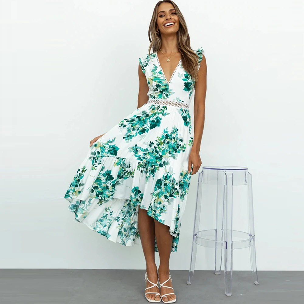 Women Backless Floral Print Irregular Midi Dress Summer V Neck Lace Splicing Hollow Out Ruffles Boho Dresses Sexy Party Vestidos
Women Backless Floral Print Irregular Midi Dress Summer V Neck Lace Splicing Hollow Out Ruffles Boho Dresses Sexy Party Vestidos