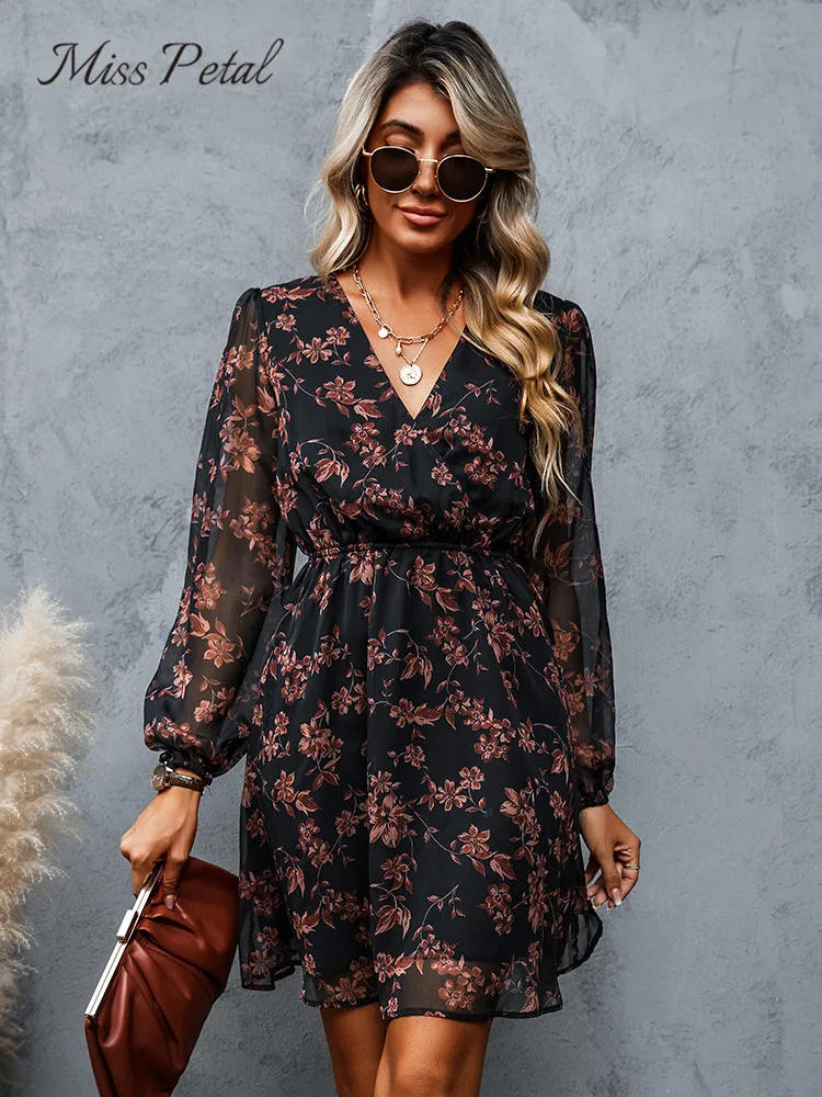 

MISS PETAL Black Floral Chiffon A-Line Mini Dress Woman Sexy V-neck Long Sleeve Party Dress 2023 Spring Autumn Female Sundress