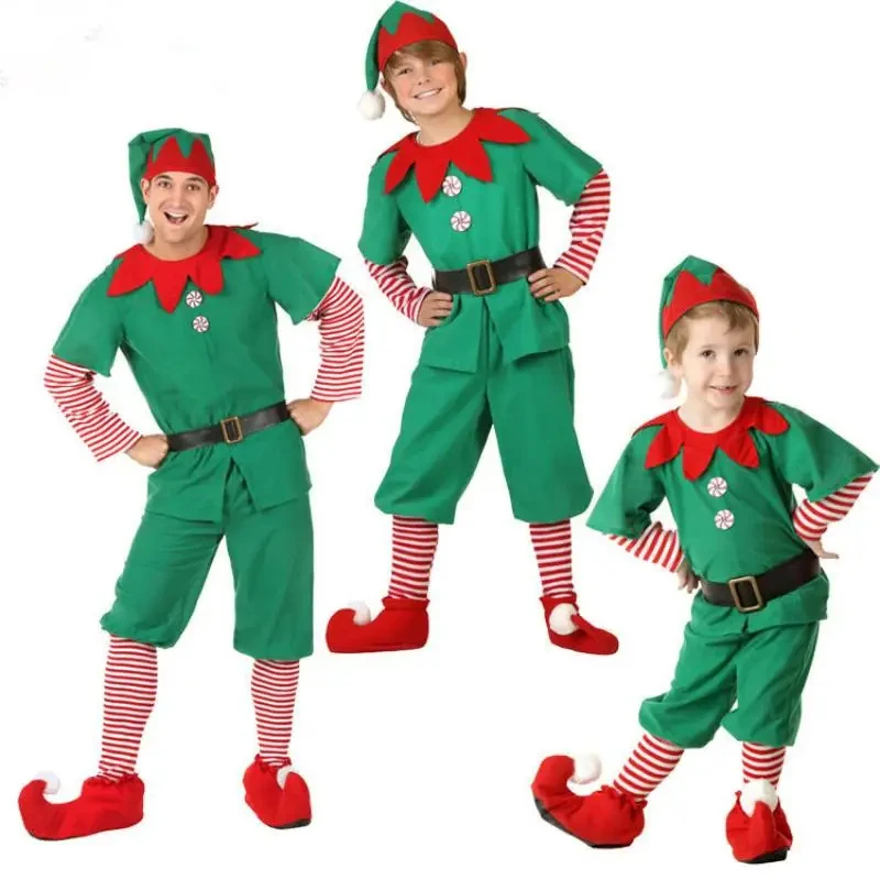 

Рождественский костюм зеленого эльфа для мужчин и детей, сценическая одежда, Рождественский костюм для мальчиков, детское представление