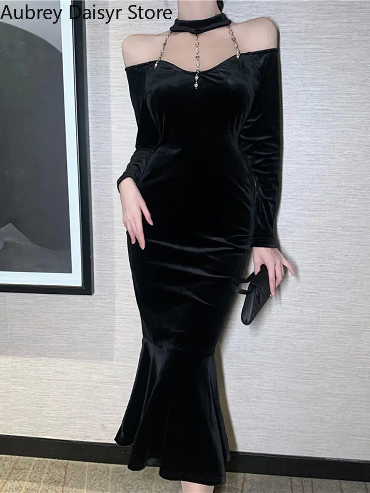 

Elegant Black Mermaid Long Dress Women Casual Sexy Halterneck Off Shoulder Evening Dress Vintage Chic Slim Diamonds Party Dress