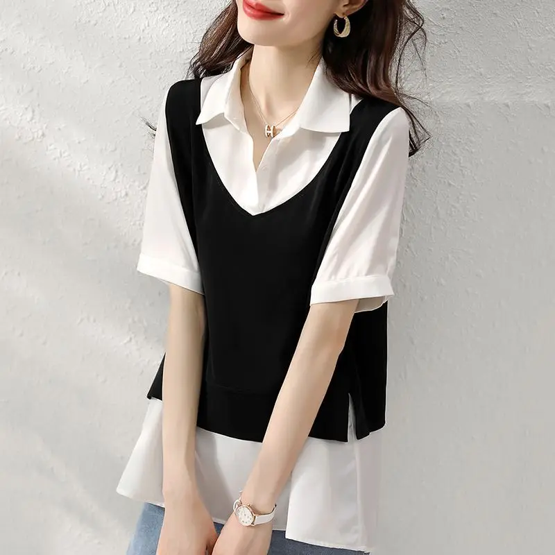 

2024 New Summer Office Lady Loose Casual Bohemian Elegant Fashion Women's Shirt Splicing Button Lapels Short Sleeve Chic Tops