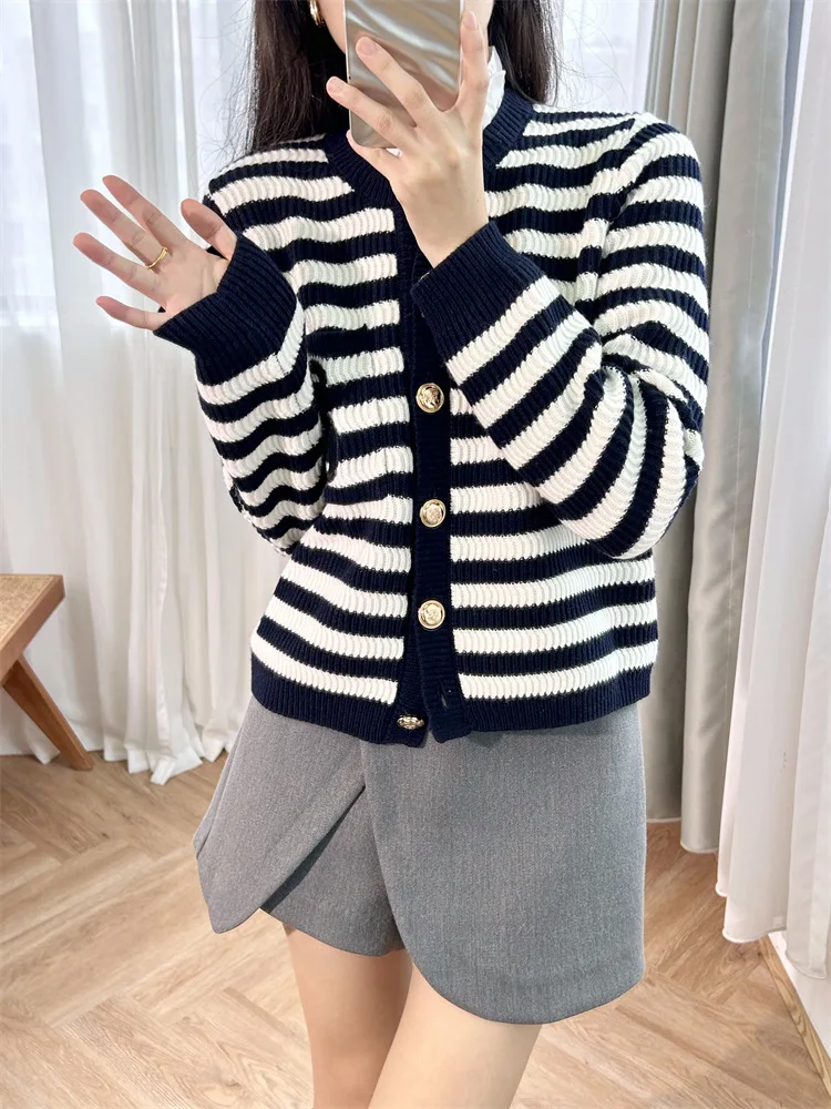

Women Striped Knitted Cardigan Letter Embroidery Single Breasted Ruffled Collar Long Sleeve Casual Sweater