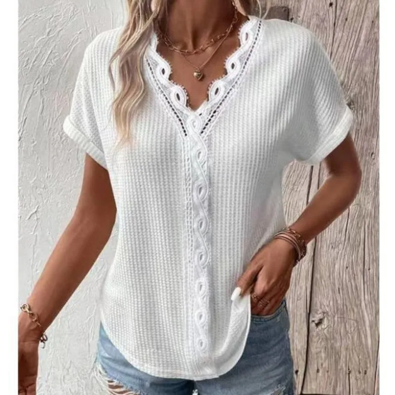 Summer Shirt White Tee Shirt Casual Top Lace Splicing Sleeve Short Sleeve Solid Loose Top Solid V-neck Casual Top Blusas 28333
Summer Shirt White Tee Shirt Casual Top Lace Splicing Sleeve Short Sleeve Solid Loose Top Solid V-neck Casual Top Blusas 28333