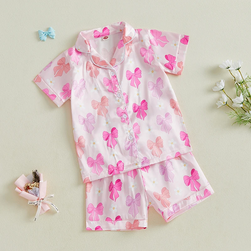 Summer Pajamas Set Bow Print Lapel Short Sleeve Button Down Tops with Shorts Kids Satin 2 Pieces Sleepwear Summer Pajamas Set Bow Print Lapel Short Sleeve Button Down Tops with Shorts Kids Satin 2 Pieces Sleepwear