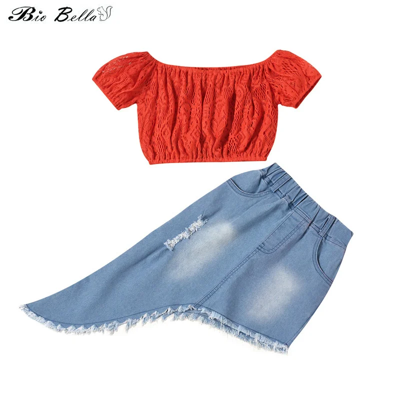 

2-7Y Summer Kids Girls 2pcs Clothes Sets Red Color Off-Shoulder Ruched Tops + Random Skirts Fashion Girl Set