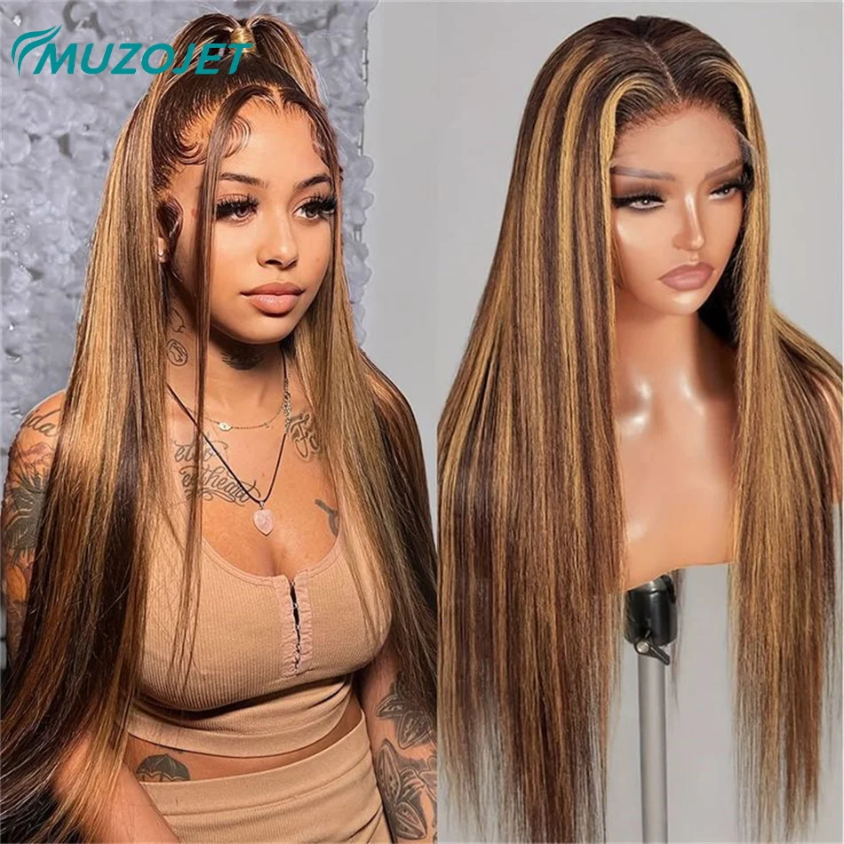 

30 34 Inch Highlight Wigs Human Hair Honey Blonde Colored Straight 13x4 Lace Frontal Wigs 180% Density Brazilian Hairs For Women