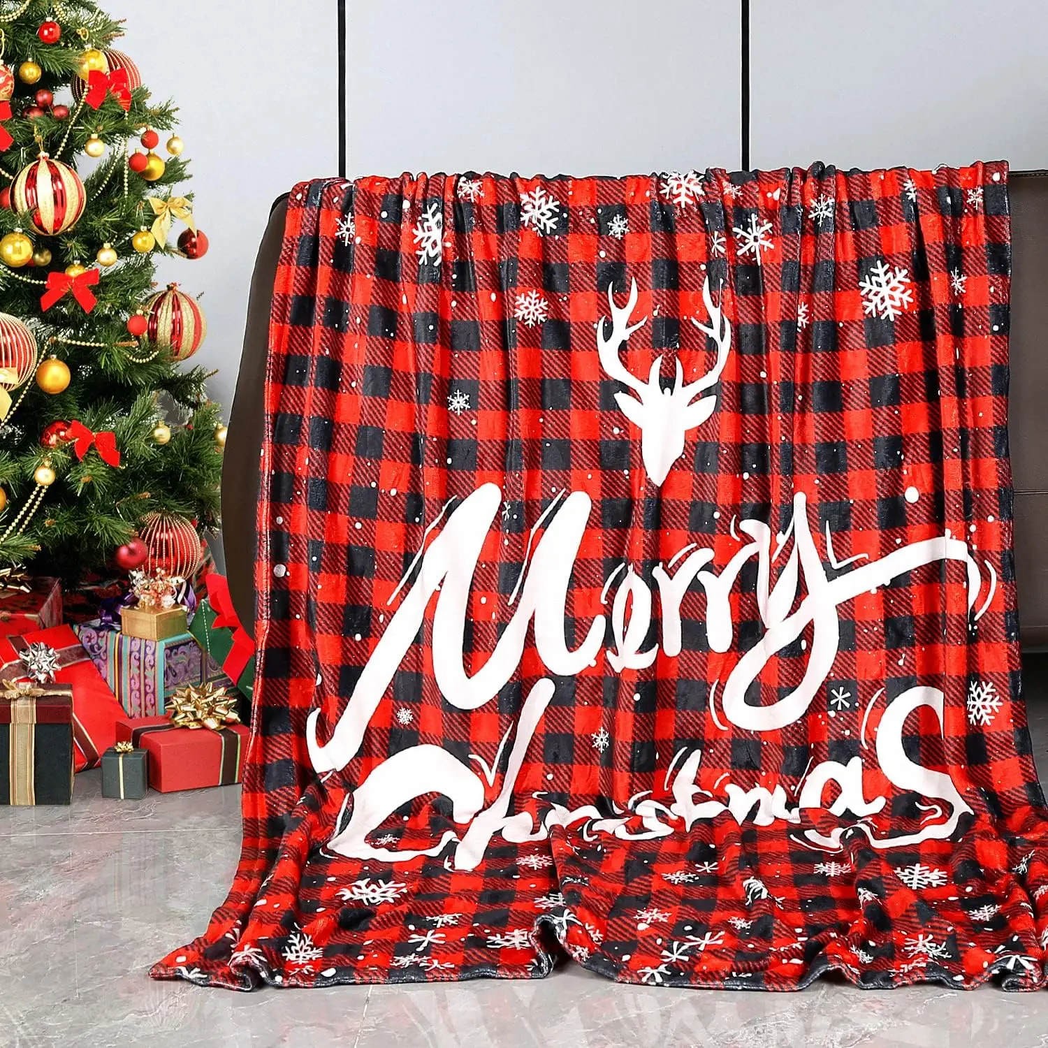 

Merry Christmas Buffalo Plaid Throw Blanket, Double-Sided Printed 130 x 150 CM Red & Black Christmas