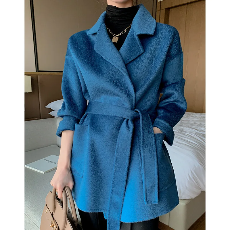 Water ripple double-sided cashmere coat for women, small stature, autumn and winter 2023, tie up and slim fitting high-end short 
Water ripple double-sided cashmere coat for women, small stature, autumn and winter 2023, tie up and slim fitting high-end short