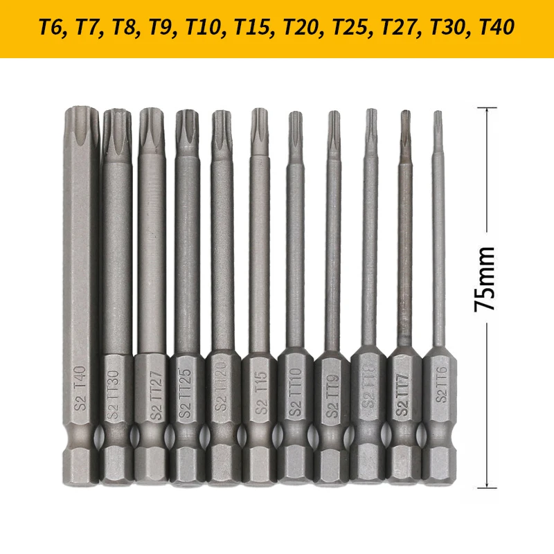 

11Pcs Torx Screwdriver Bit Set 6.35mm Hex Shank Security Magnetic Head T6/T7/T8/T9/T10/T15/T20/T25/T27/T30/T40 75MM Screwdrivers