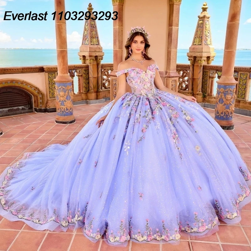 

EVLAST Lavender Quinceanera Dress Ball Gown 3D Colorful Floral Applique Beaded With Cape Sweet 16 Vestido 15 De Años TQD264